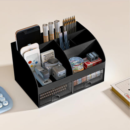 COMFYROOM Desk Organizer with 6 Compartments and 2 Drawers, Plastic Makeup Organizer, Pen Holder for Desktop Storage, Desk Organization for School, Home, Office Supplies (White)