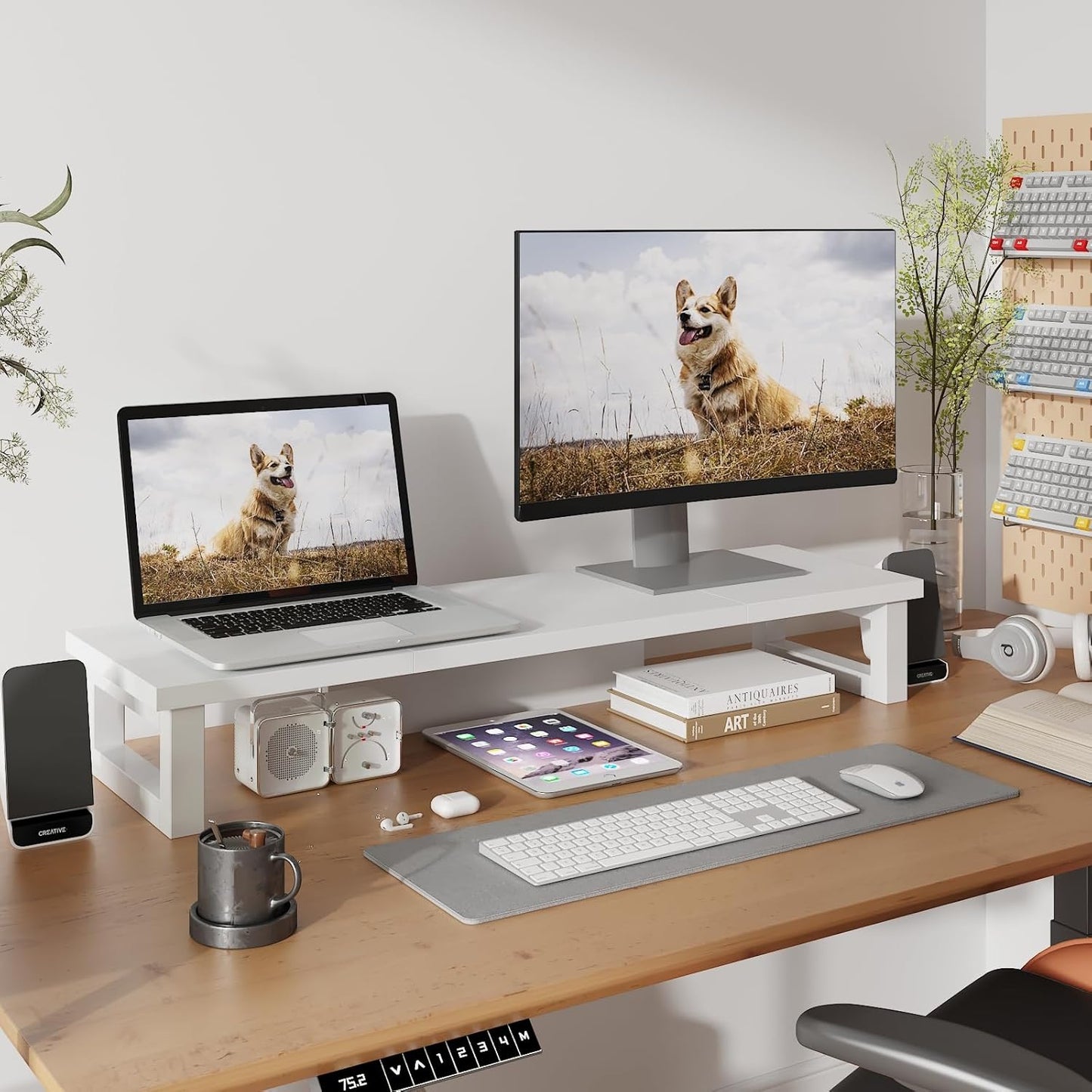 WESTREE Dual Monitor Stand Riser, Wood and Steel Multi-Purpose Desktop Storage Stand for 2 Monitors for Computer, Laptop, Printer, TV, Rustic Brown