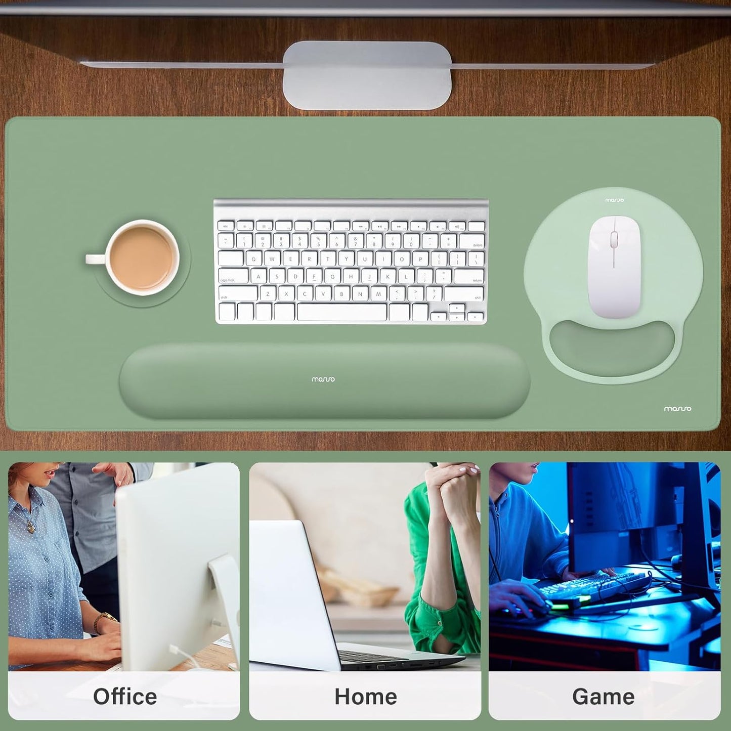 MOSISO Wrist Rest for Keyboard Mouse Pad Set, Large Gaming Deskpad&Circle Curved Mousepad&Keyboard Wrist Rest&Coaster, Ergonomic Non-Slip Mousepad&Easy Typing Pad with Silicone Lining, Apricot
