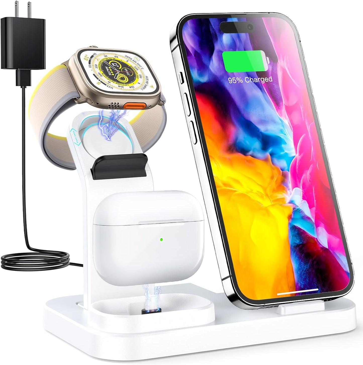 Wireless Charging Station 3 in 1 RJR Compatible with Apple Devices, Charging Dock for iWatch, Built-in Wireless Charger Stand for iPhone Series AirPods Gifts (with 18W Adapter) Graphite Black
