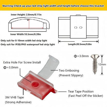 Threetwofour 100 Pack Double Installation LED Strip Light Mounting Bracket Self Adhesive LED Clips Only use for Width 8-10mm/0.31-0.39in Height<2.8mm/0.11in Indoor LED Strip Light with 102PCS Screws