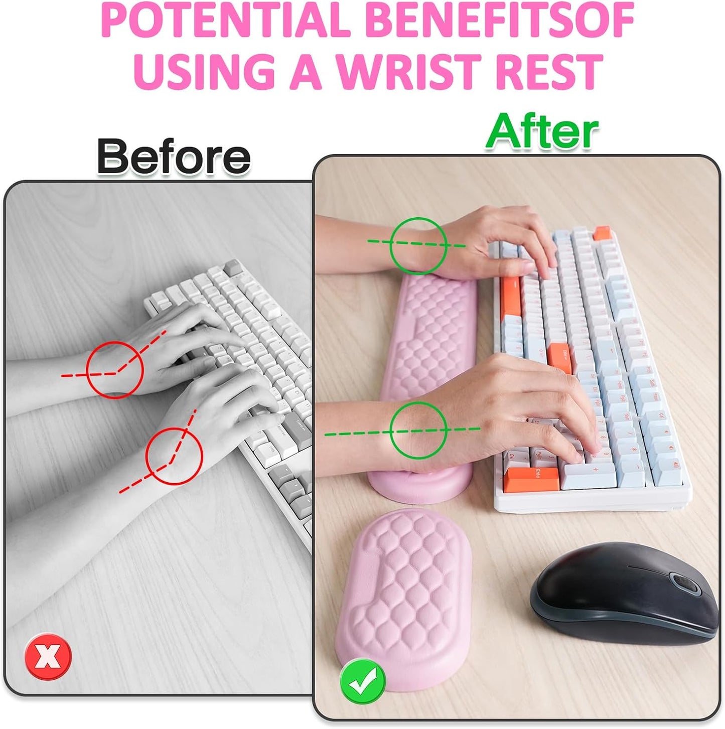 Ergonomic Keyboard and Mouse Wrist Rest Set - Memory Foam Support Pads, Non-Slip Desk Accessories for Office, Home, Gaming, Reduces Fatigue & Strain,Black