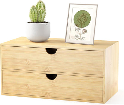 Wisuce Desk Organizer with Drawers - Bamboo Desktop Organizer Storage Natural Wood Desk Drawers Organizer for Bills, Office Supplies, Cosmetics, Seals No Assembly Required 3 Drawers（left-right)