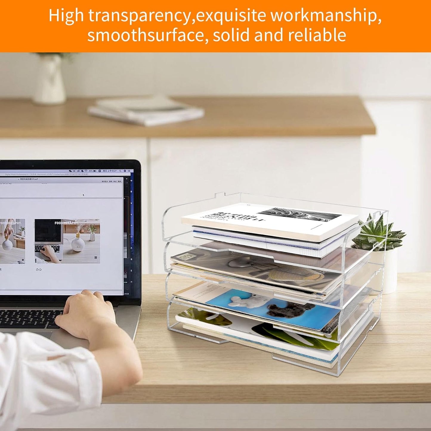 2 Pack- Stackable Paper Letter Tray,Clear Acrylic Magazine Holder and File Organizer - Sleek Desk Organizer for Home Office, Bookshelf, or Workspace - Space-Saving Transparent Document Holder