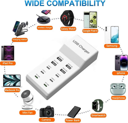 USB C Charger,10 Ports USB Charging Station with 6 Ports USB-C, Desktop 50W Multi Ports Charger Compatible with iPhone 12/13/14/15/16/Galaxy S22/S23/S24/S25/Tablet/Watch/Headphones