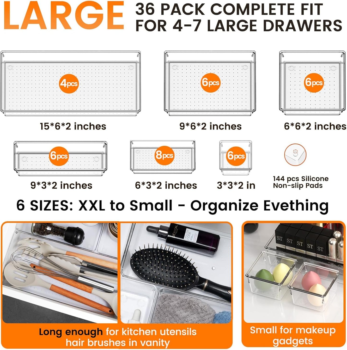 Criusia Large Drawer Organizer Bins 26 Pack | Complete 5 Size Clear Plastic Kitchen Drawer Organizers for Utensils | Bathroom Drawer Organizer Trays | Versatile for Makeup Office Organization