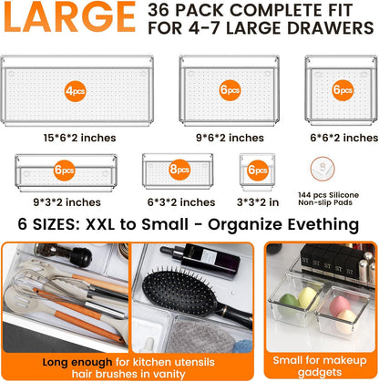 Criusia Large Drawer Organizer Bins 26 Pack | Complete 5 Size Clear Plastic Kitchen Drawer Organizers for Utensils | Bathroom Drawer Organizer Trays | Versatile for Makeup Office Organization