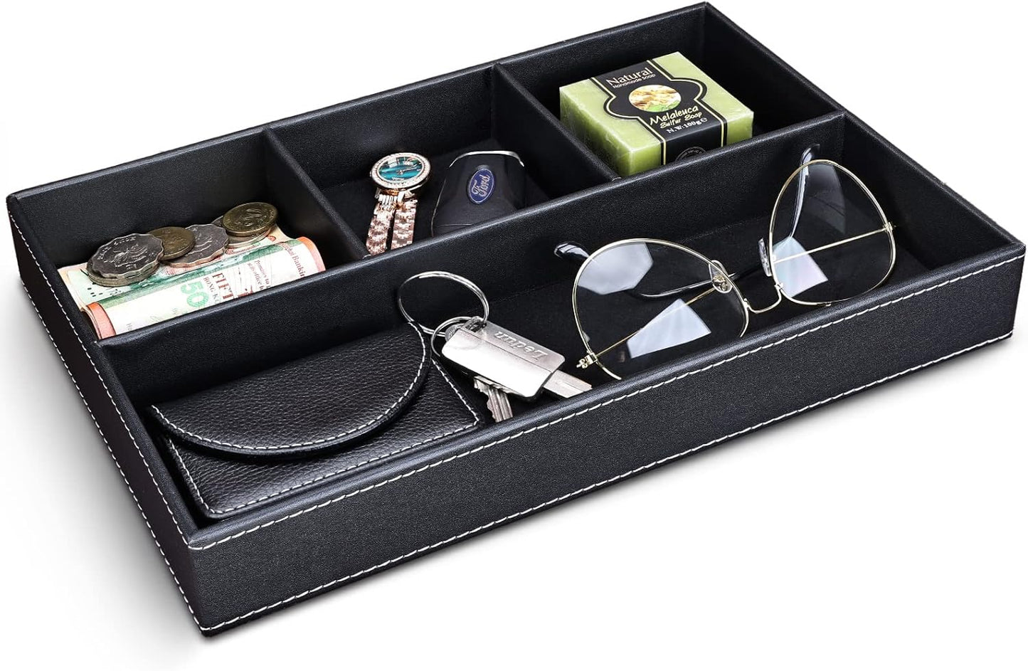 GORESE 2 Pieces Faux Leather Valet Tray for Men, Stackable Jewelry Organizer for Drawers, Nightstand Caddy Tray for Key, Wallet, Sunglass, Watch, Coin, Phone, Bedside Desk-top Storage Black