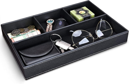 GORESE 2 Pieces Faux Leather Valet Tray for Men, Stackable Jewelry Organizer for Drawers, Nightstand Caddy Tray for Key, Wallet, Sunglass, Watch, Coin, Phone, Bedside Desk-top Storage Black