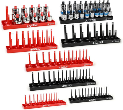 AIUITIO 6PCS Socket Organizer Tray Set, Red SAE & Black Metric Socket Storage Trays, 1/4-Inch, 3/8-Inch & 1/2-Inch Drive Deep and Shallow Socket Holders for Toolboxes