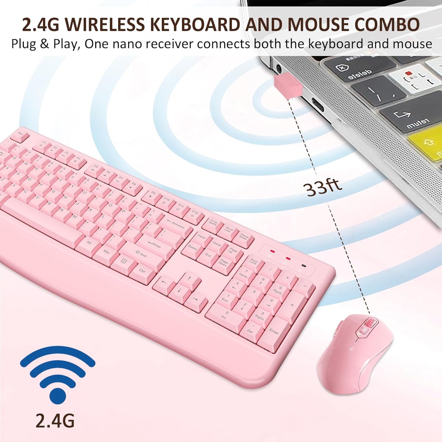 Wireless Keyboard and Mouse Combo, EDJO 2.4G Full-Sized Ergonomic Computer Keyboard with Wrist Rest and 3 Level DPI Adjustable Wireless Mouse for Windows, Mac OS Desktop/Laptop/PC