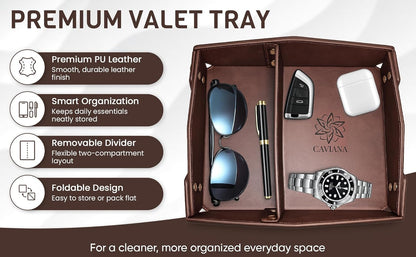 Valet Tray Organizer for Men & Women - PU Leather Catch All Tray with Removable Divider - EDC Storage for Keys, Watch, Phone - Nightstand, Dresser & Desk Organizer - Pacific Navy
