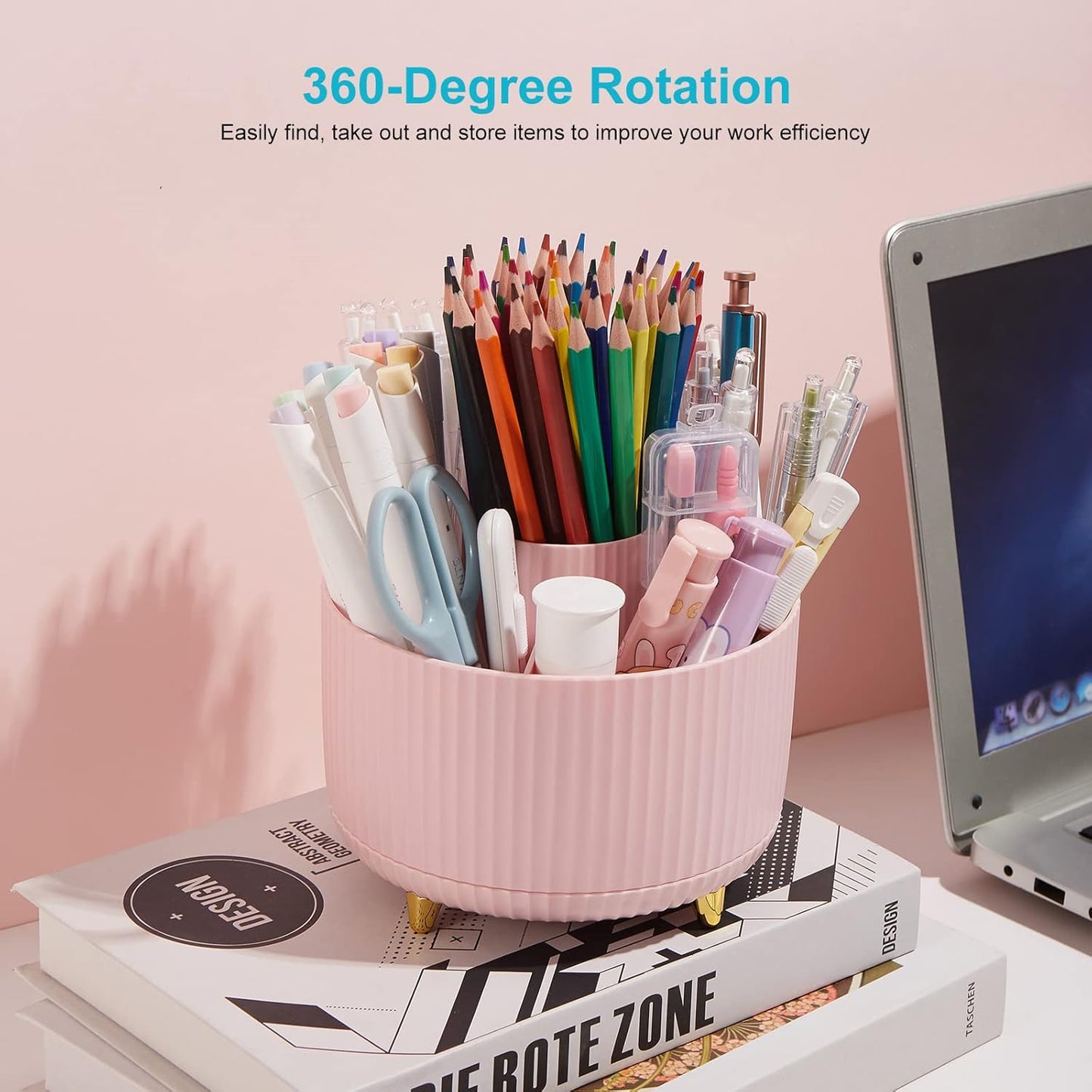 Desk Pencil Pen Holder, 5 Slots 360 Degree Rotating Pencil Pen Organizers for Desk Desktop Storage Stationery Supplies Organizer Cute Pen Cup for Office School Home Art Supply Cream Yellow