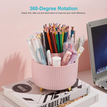 Desk Pencil Pen Holder, 5 Slots 360 Degree Rotating Pencil Pen Organizers for Desk Desktop Storage Stationery Supplies Organizer Cute Pen Cup for Office School Home Art Supply Cream Yellow