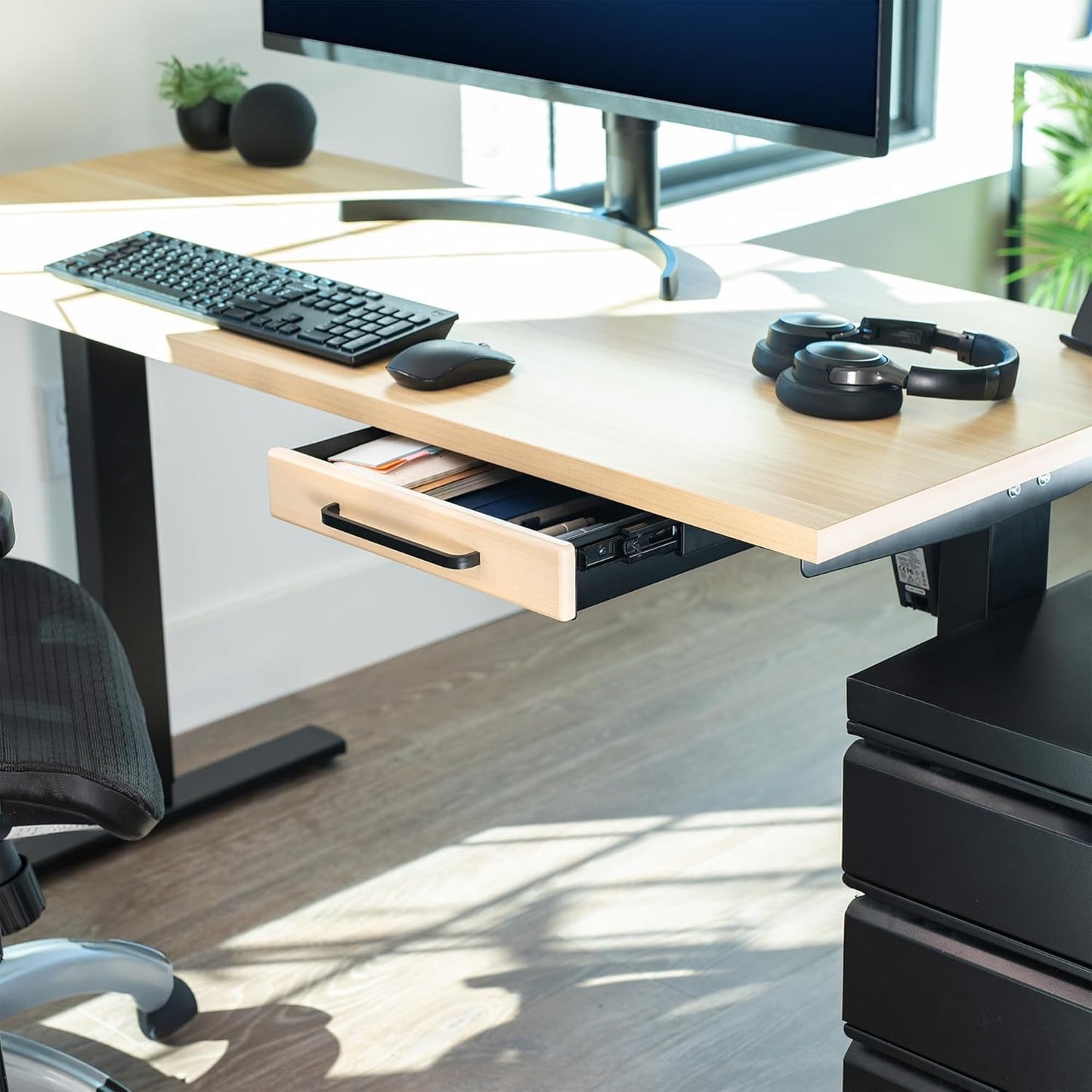 VIVO 13 inch Under Desk Mounted Sliding Pull-out Drawer for Office Desk, Pull Handle, Storage Organizer for Sit Stand Workstation, Black, DESK-DR1H-B