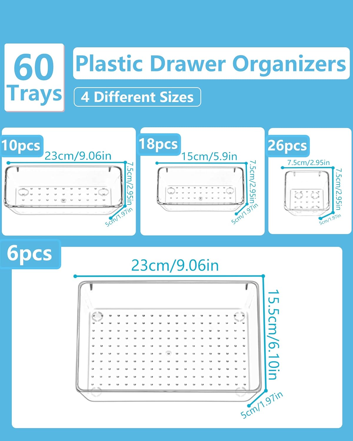 Clear Drawer Organizers Set of 13, 5-Size Vanity Organizer Trays, Stackable Bathroom & Desk Drawer Organizer for Makeup, Jewelry, Kitchen Utensils, Office Supplies and Small Gadgets Storage