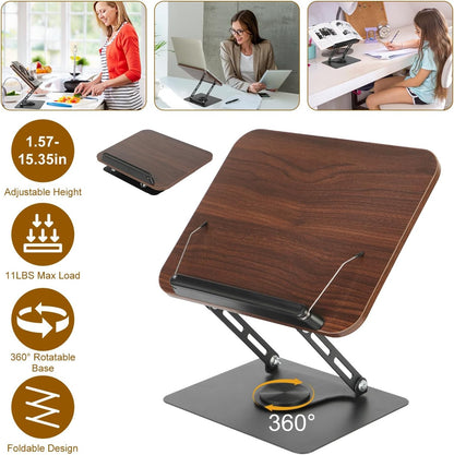 Book Stand for Reading, Adjustable Book Holder with 360° Rotating Bases, Foldable Designs, and Elastic Clips, Multifunctional Display Stand for Recipe, Cookbooks, Magazines, Tablets, Laptops