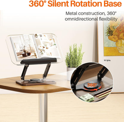 BYMECOST Acrylic Book Stand for Reading, Adjustable Book Holder with 360° Rotating Base & Elastic Page Clips, Foldable Desktop Riser Stand for Cookbook,Laptop,Tablet,Music Scores,Recipe,Textbook