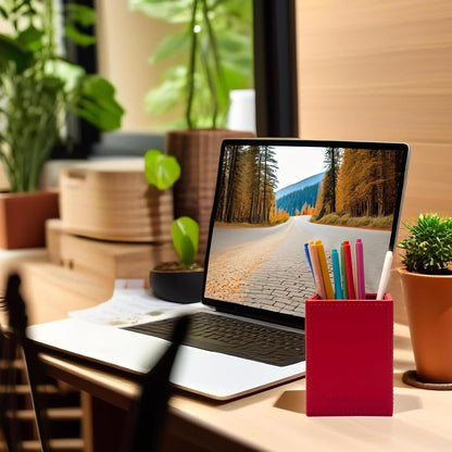 UnionBasic Square Pen Holder, Leather Pencil Cup, Desktop Caddy Stationery Organizer, Beige