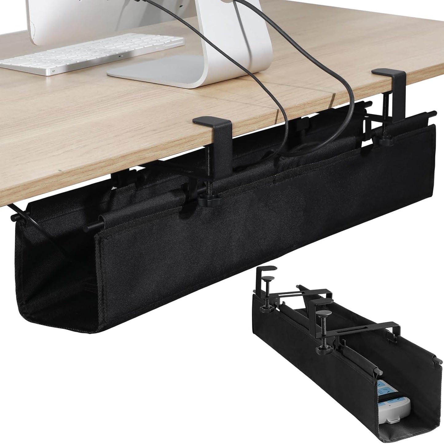 MAXECHO Under Desk Cable Management Tray 28" - Clamp on Wire and Cable Organizer for Storage and to Hide Cords - Ideal for Home Office - Premium Black Fabric Design