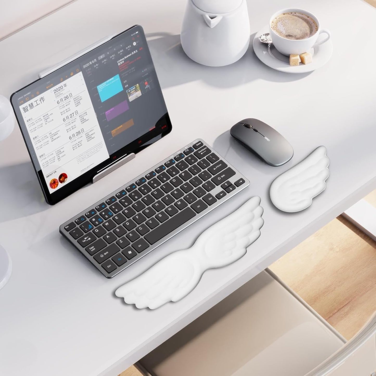White Angel Wings Ergonomic Memory Foam Wrist Rest Computer Keyboard and Mouse Set Cute Gaming Keyboard Wrist Support pad PU Leather Surface Non-Slip and Waterproof Includes a Cleaning Brush