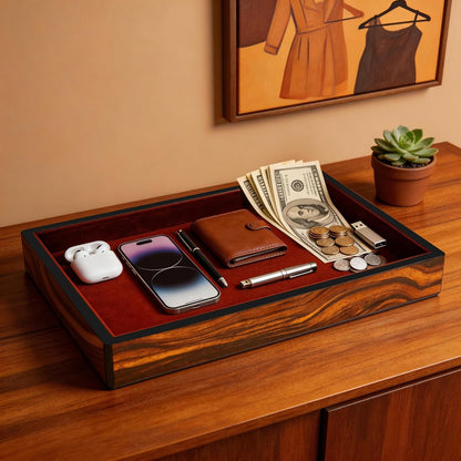Wooden Valet Tray with Velvet Lining, EDC Desktop Catchall Organizer, Storage Tray for Jewelry, Wallets, Watches, Keys, Glasses, Perfect for Nightstand, Dresser, Entryway Bedside