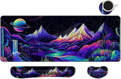 MIBITRI Keyboard Mouse Pad Set, Extended Gaming Mouse Pad+Ergonomics Keyboard Wrist Rest Support, Memory Foam, Easy Typing Pain Relief, 4Pcs XXL Ultra Thick Desk Mat, Enchanted Bookshelf