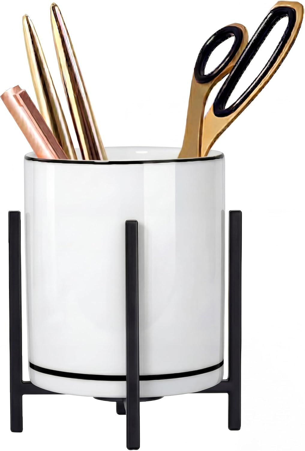 4.72" Gold Pen Holder Aesthetic Pencil Holder for Desk, Gold Desk Organizers and Accessories for Women Girls, Ceramic Pen Holder for Office