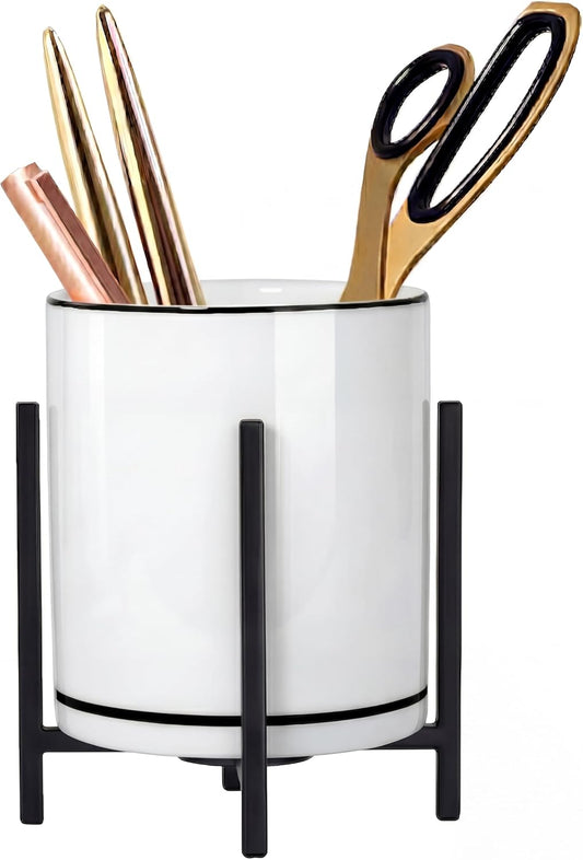 4.72" Gold Pen Holder Aesthetic Pencil Holder for Desk, Gold Desk Organizers and Accessories for Women Girls, Ceramic Pen Holder for Office