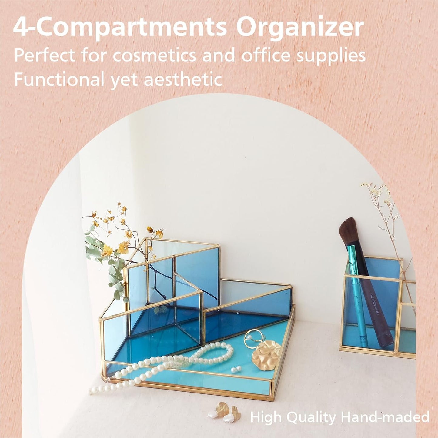 FONDAZZA Gold & Blue Glass Desk Organizer - Elegant Office Decor, Aesthetic Makeup Brush Holder, 2-Compartment Pen Holder, Pencil Cup, Vanity & Cosmetic Storage, Desk Accessories for Women