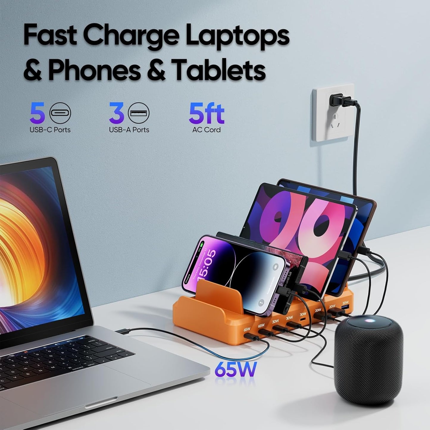 300W Charging Station for Multiple Devices, 8 Port Multi USB C Fast Charger Station Dock for MacBook iPhone 17/16/15/14/13/12 Samsung Pixel Series iPad, Black (6 Mixed Short Cables Included)