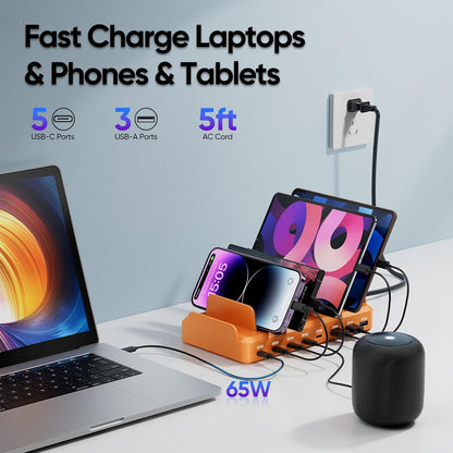 300W Charging Station for Multiple Devices, 8 Port Multi USB C Fast Charger Station Dock for MacBook iPhone 17/16/15/14/13/12 Samsung Pixel Series iPad, Black (6 Mixed Short Cables Included)