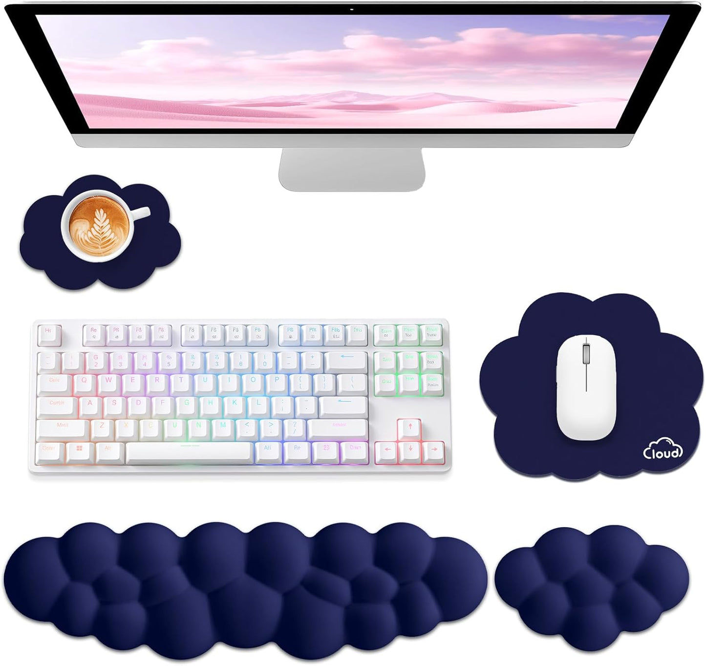 Sushret Cloud Wrist Rest for Computer Keyboard, 4-in-1 Memory Foam Leather Cloud Keyboard Wrist Rest and Mouse Pad Set with Ergonomic Support for Arm and Palm Cushion, Gaming/Work Setup, Rainbow