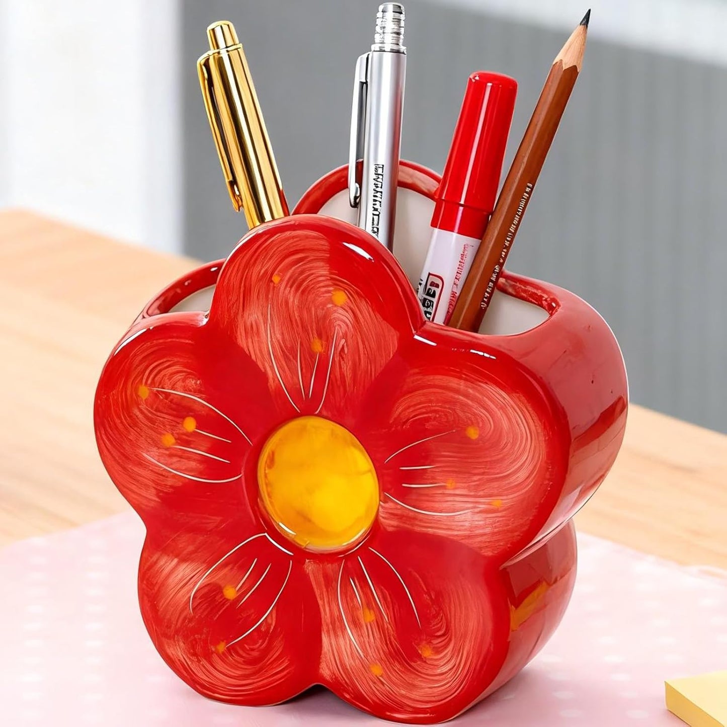 Pink Pencil Holder Pen Holder Office Desk Accessories Aesthetic Cute Flower Home Decor Makeup Brush Holder Vase Birthday Gifts for Women Vanity Toothbrush Holder Kawaii Kitchen Utensil Holder