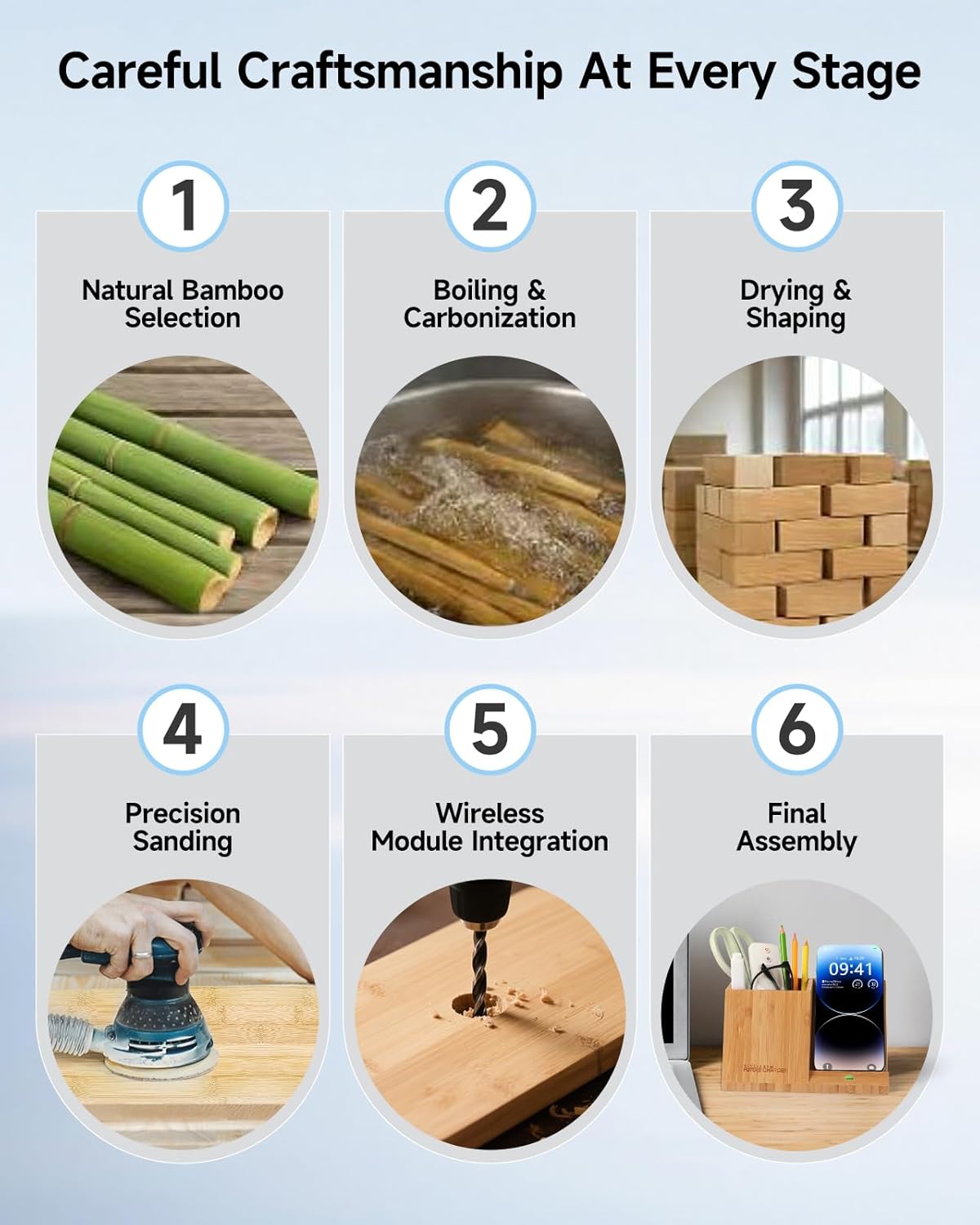 Bamboo Pen Holder for Desk & Nightstand Organizer with Fast Wireless Charging for iPhone, Samsung & More – Office Desk Accessories for Men/Women (Natural)