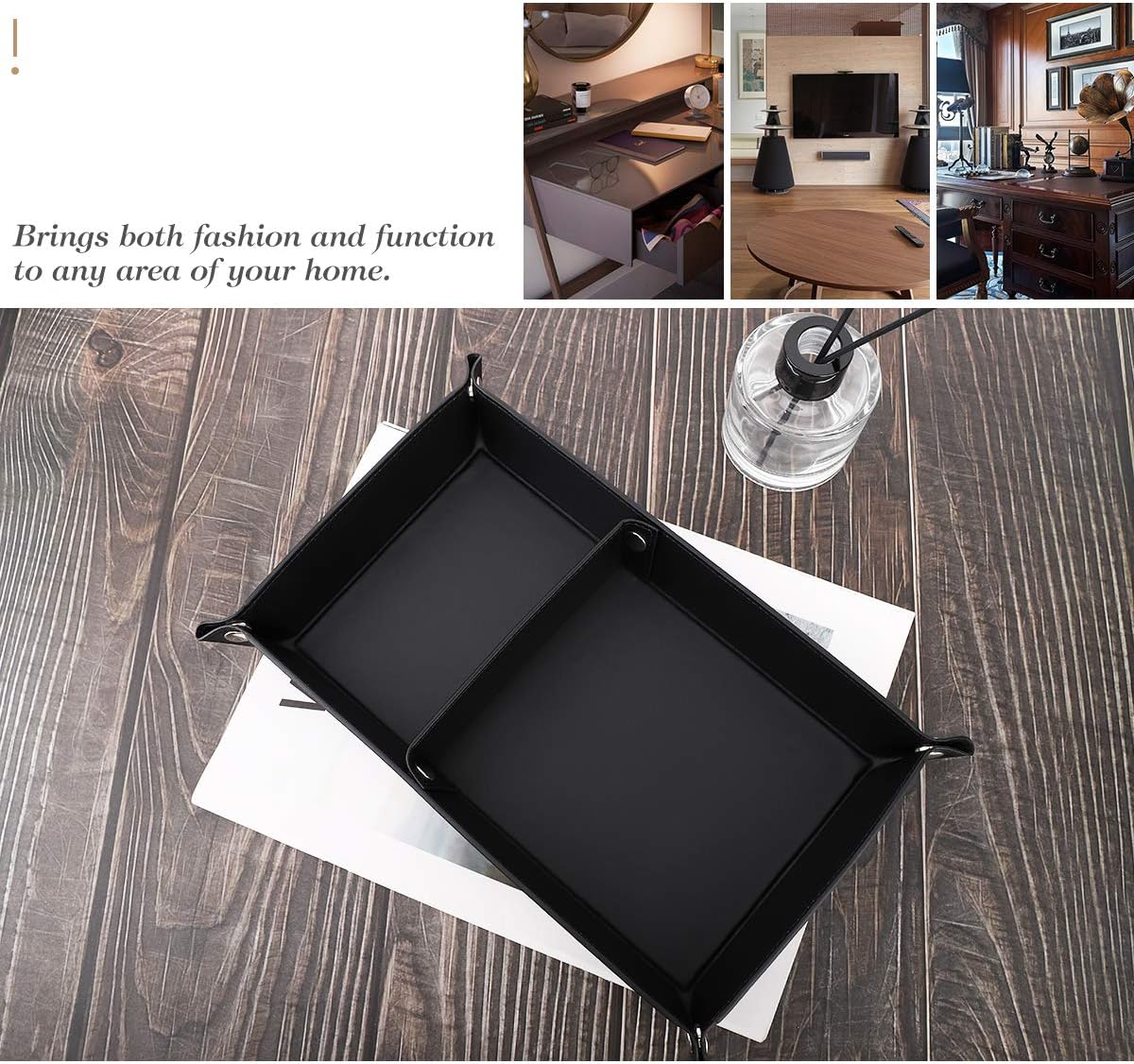 Luxspire Valet tray, PU Leather Tray, Catchall Tray, Men Women Jewelry Key Tray, Desk Storage Plate for Key Coin Phone Jewelry Wallet, Medium Size - Black