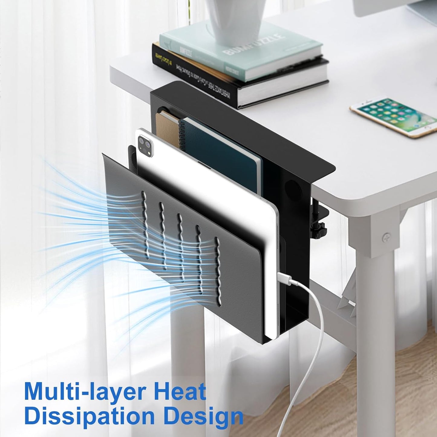 HAMOPY Desk Side Storage, Single-Layer Steel Hanging Desk Organizer with Magnetic Pen Holder, No Drilling Desk Drawer Cable Management Tray, Under Desk Laptop Holder for Office, School&Home(White)