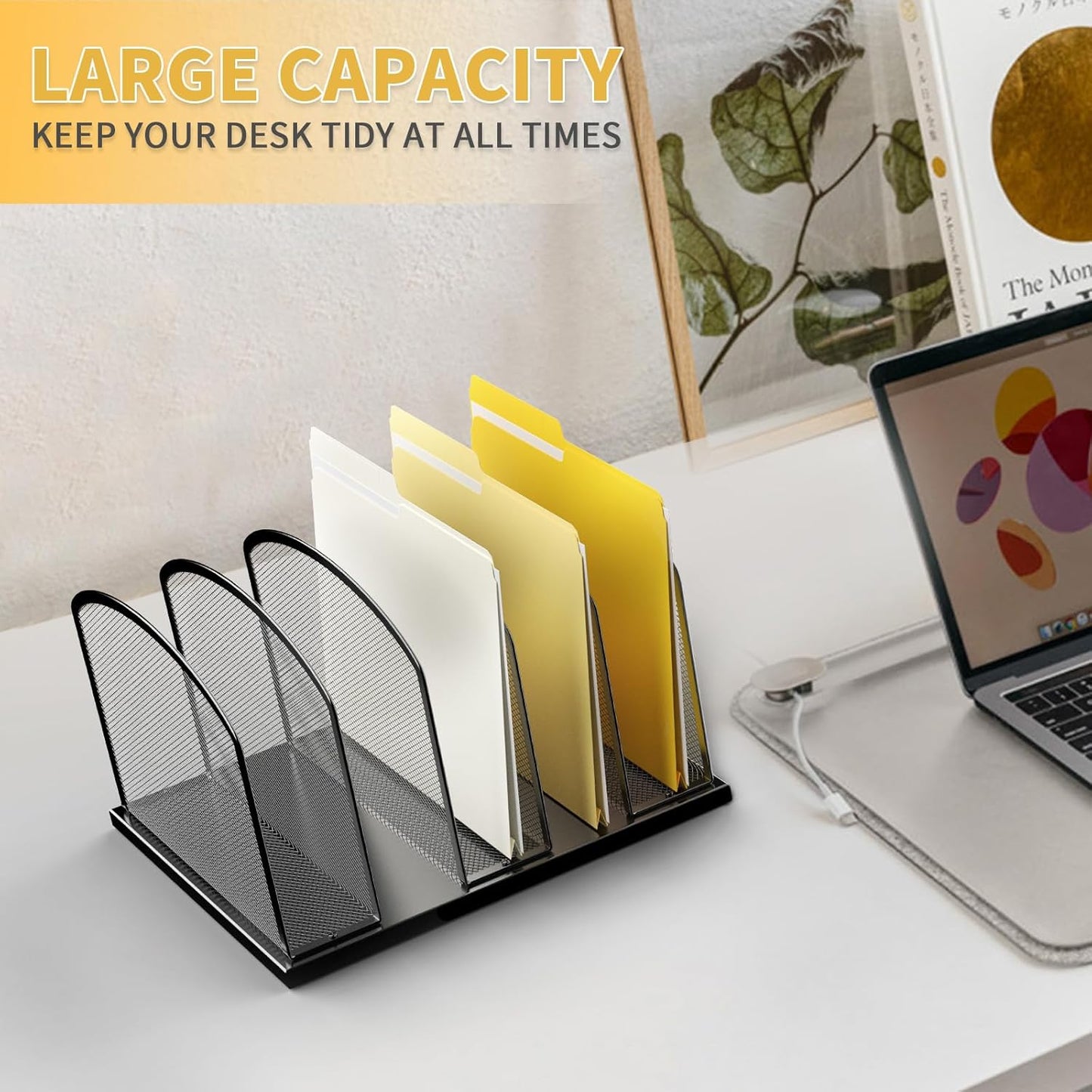Gawerk Large Size Desk File Organizer, Metal Mesh Vertical Desktop File Holder, 5-Section file organizer for Desk Home Office Black