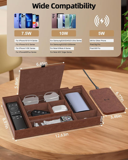 Valet Tray, Built in Wireless Charging Pad, Nightstand Organizer, Dresser Organizer, Mens Jewelry Box, Valet Charging Station, Faux Leather Valet Tray for Men and Women (Black+Wireless)