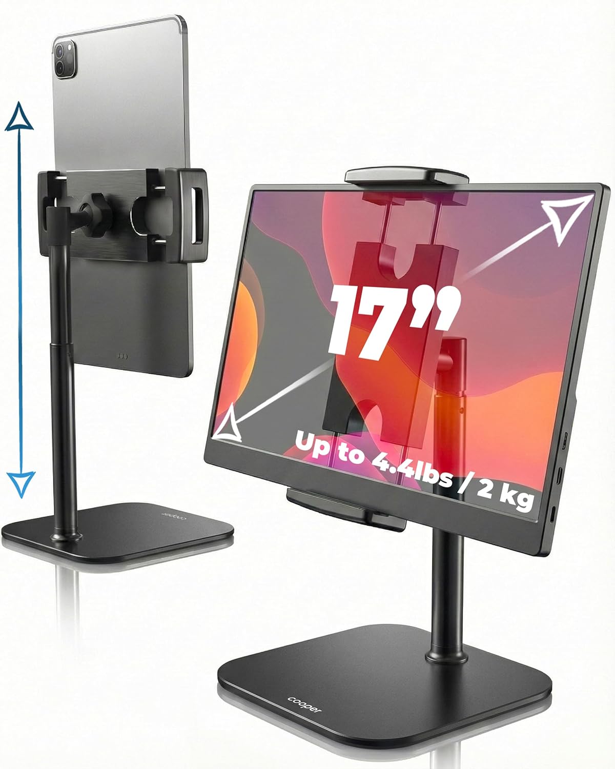 COOPER TabStand, 20" Tall iPad Stand for Desk, Portable Monitor Holder up to 17" Holds 4.4lb, Desktop Tablet Stand, Tablet Mount, Apple iPad Holder for Desk, for Samsung, Kindle, Fire (Night Black)