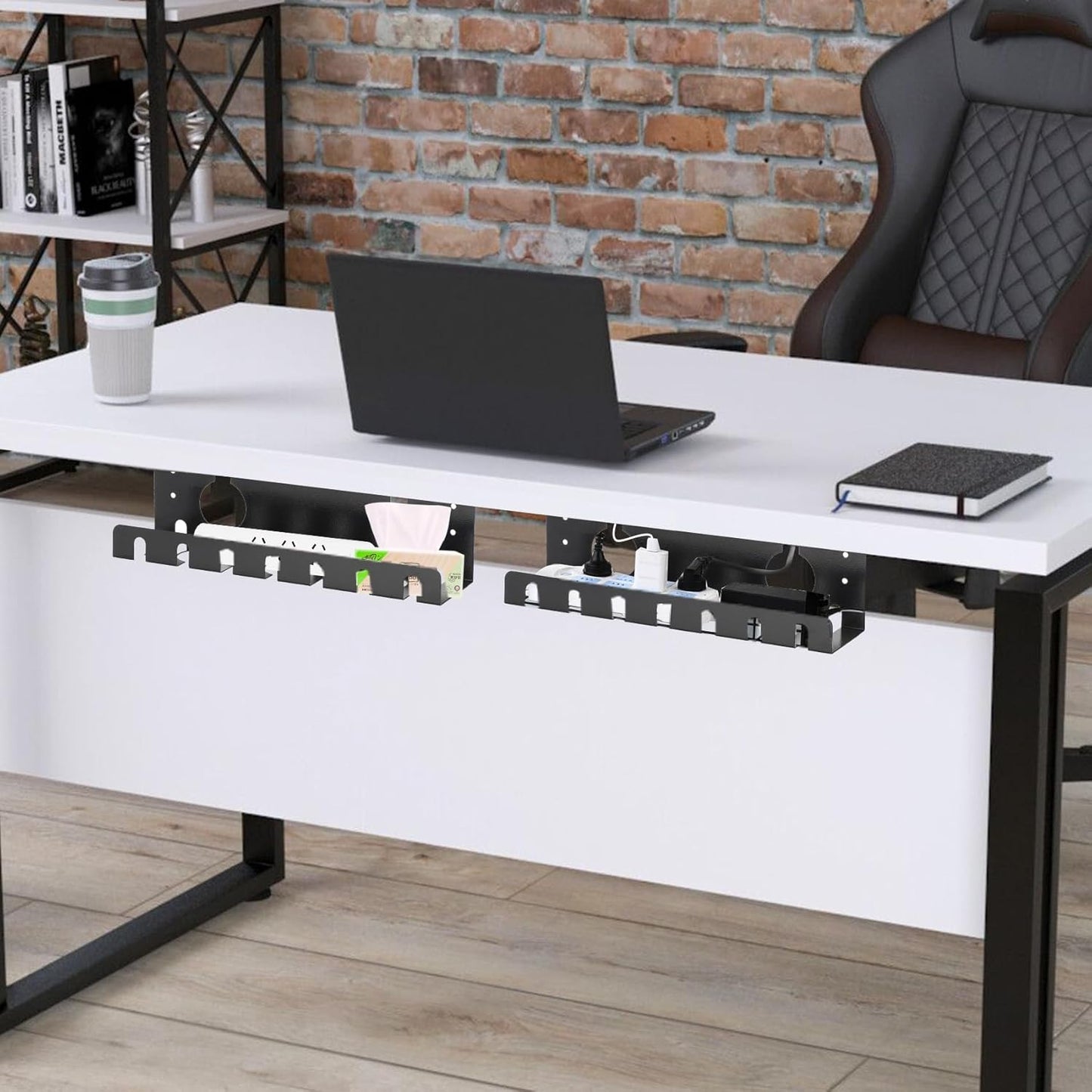 Under Desk Cable Management Tray 2 Pack White, Cable Management Under Table, Cord Organizer Tray for Wire Management, Home & Office Standing Desk Cord Organizer