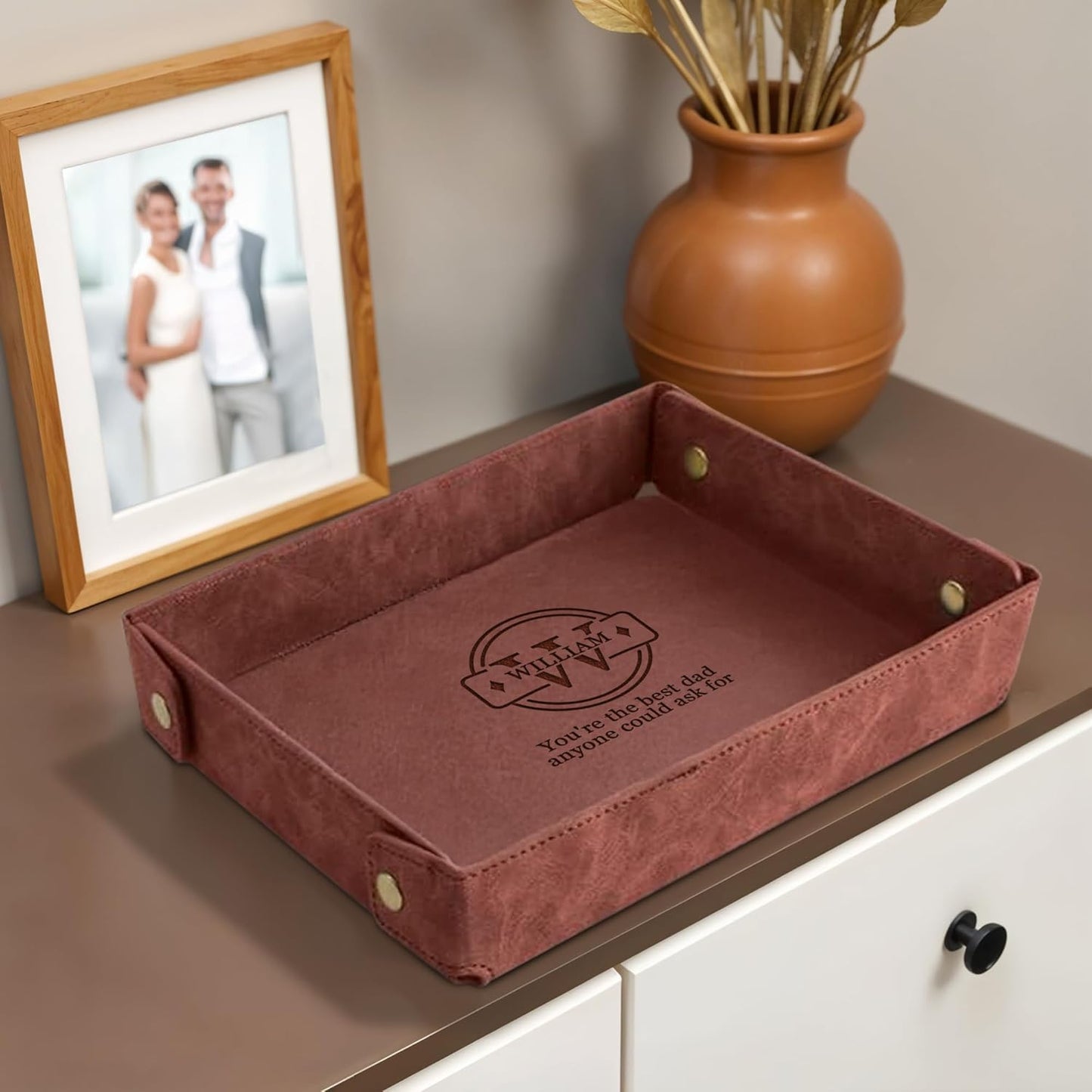 Engraved Leather Valet Tray for Men – Personalized Catchall with Custom Name for Desk, Dresser, Nightstand – Men's Organizer Tray for Keys, Wallet, Jewelry, Personalized Gift for Home, Office - Coffee