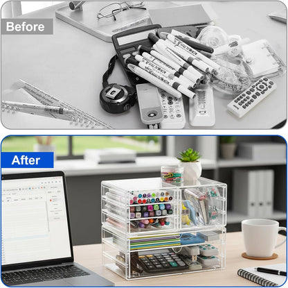 Acrylic Makeup Organizer with 6 Drawers, 11" Stackable Office Desk Organizer Accessories, Clear Bathroom Storage Drawers for Makeup Palettes, Cosmetics, Vanity, Art Craft Supplies