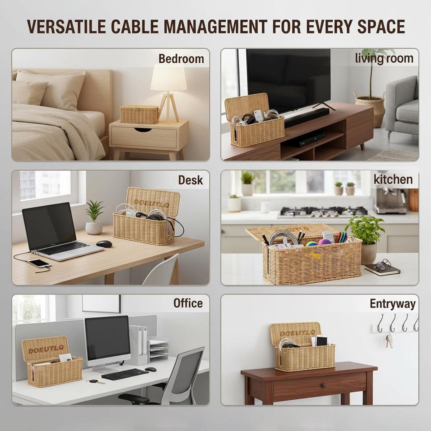 Desk Organizer Decorative Rattan Decor Countertop Cable Management Box Charging Station for Appliances Cord Hider Office Storage Router with Lid Under Wire Tech Basket Extension Phone Cute Handmade