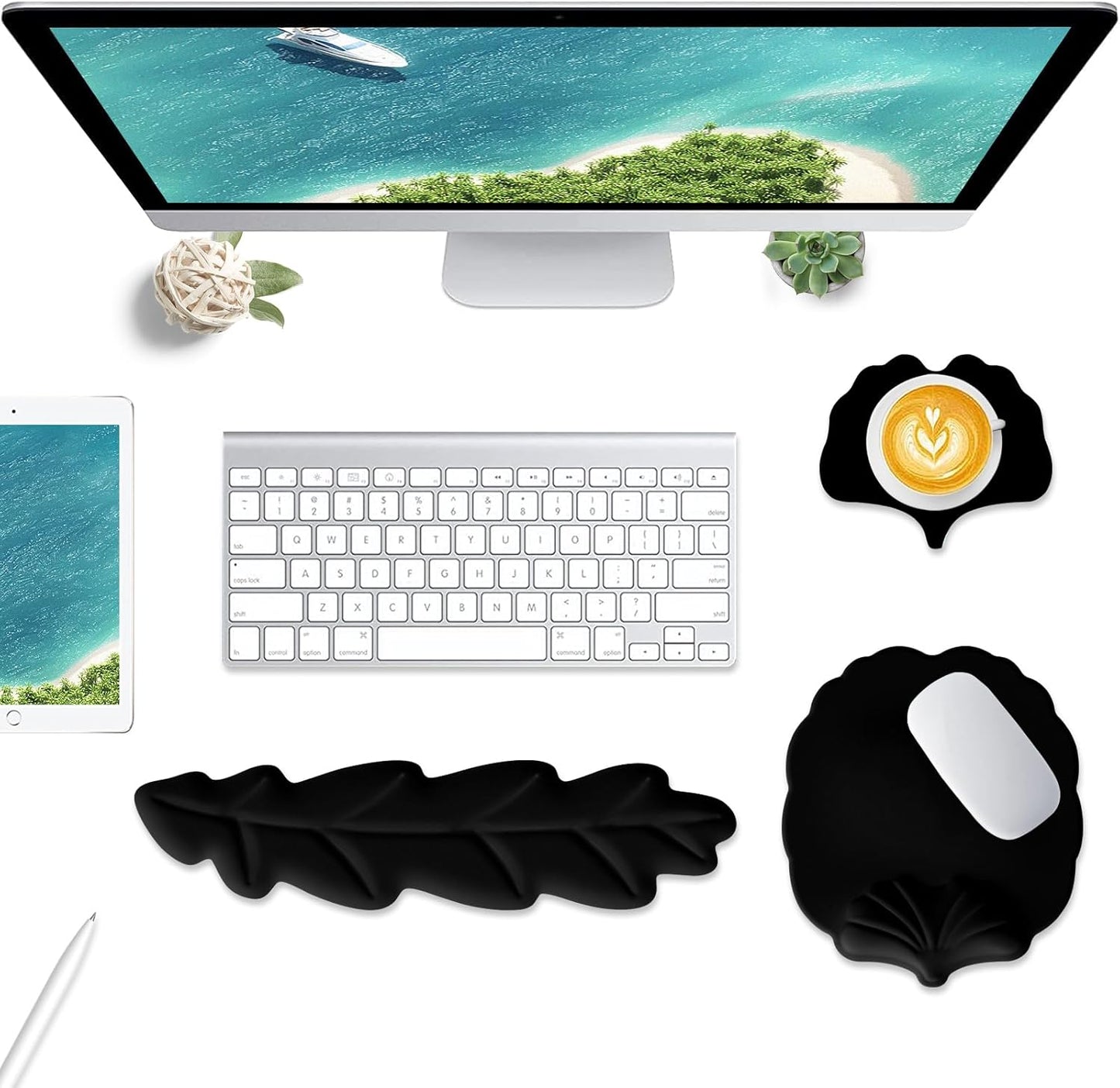 Keyboard Wrist Rest and Mouse Pad with Wrist Support Set, Ergonomic Leaf Shape Mouse Pad with Non-Slip Base, Pain Relief Memory Foam Mousepad for Computer,Laptop,Home Office, Green