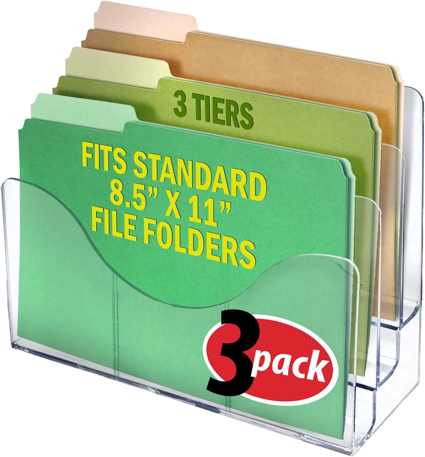 Azar Displays 250099 Three Tier File and Brochure Desktop Wall Organizer Holder with Dividers Brochure Display Stand Acrylic Holder, Fits 8.5" x 11" Files, Clear, 1 Pack