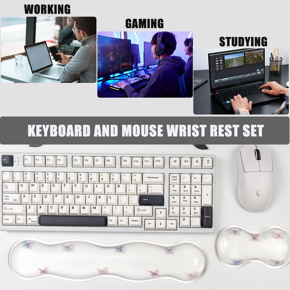 Gel Keyboard and Mouse Wrist Rest Set – Clear Wrist Rest for Computer Keyboard 60%/68%/75%, Comfort & Support for Typing and Gaming (Cute Butterfly)