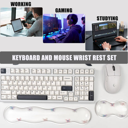 Gel Keyboard and Mouse Wrist Rest Set – Clear Wrist Rest for Computer Keyboard 60%/68%/75%, Comfort & Support for Typing and Gaming (Cute Butterfly)