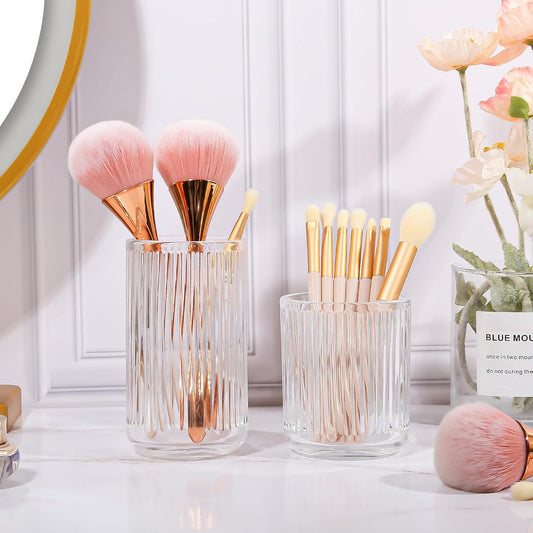 DASITON Makeup Brush Holder Organizer, Crystal Glass Makeup Brushes Storage Holder, Vintage Make Up Brush Cup for Vanity, Pen Pencil Holder for Desk, Toothbrush Holders for Bathroom (Clear SL)