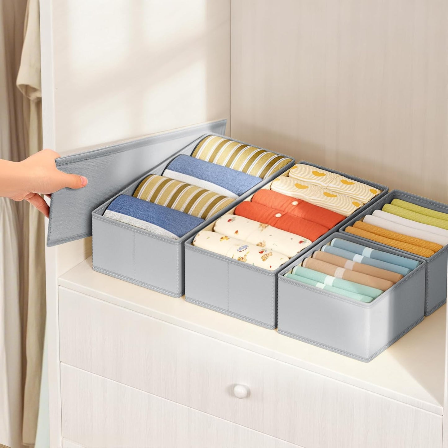 DIMJ Drawer Organizers Clothes, Dresser Organizer Bins for Baby Clothes,Underwear and Sock, Fabric Closet Organization and Storage Boxs, Drawer Dividers for Nursery, Clothing, Tie - 4 Pack, Beige